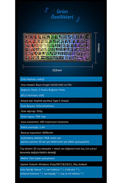 Ajazz AK820 Max Ultra 3 Modlu Manyetik Switch Klavye-8+8K tepkime