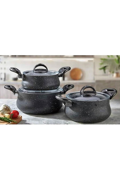 Eda Zk-049 Zetra 3'lü Granit Derin Tencere Seti Cam Kapaklı Döküm
