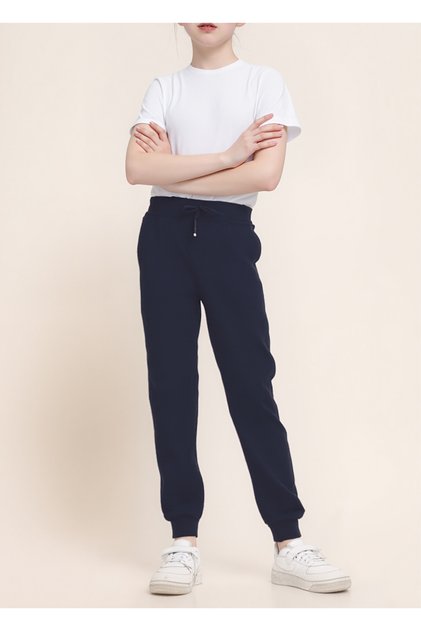 Girls' Knitted Cotton Combed School Trousers – 100% Cotton – Elastic Waist and Leg – Navy Blue Color