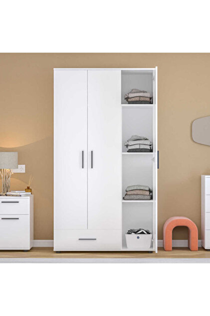Adore Mobilya White 3 Kapaklı Tek Çekmeceli Gardırop-Mat Beyaz