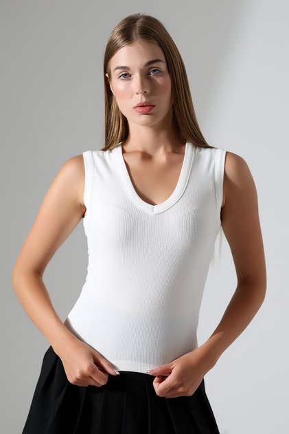 Suleja Slim Fit V Neck Textured Sleeveless Top & Women's Blouse - Ecru