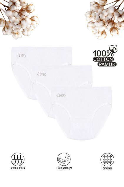 Özkan 0840 3 Pack Girls' 100% Cotton Ribbed Flexible Comfortable Stone Detailed Slip Panties