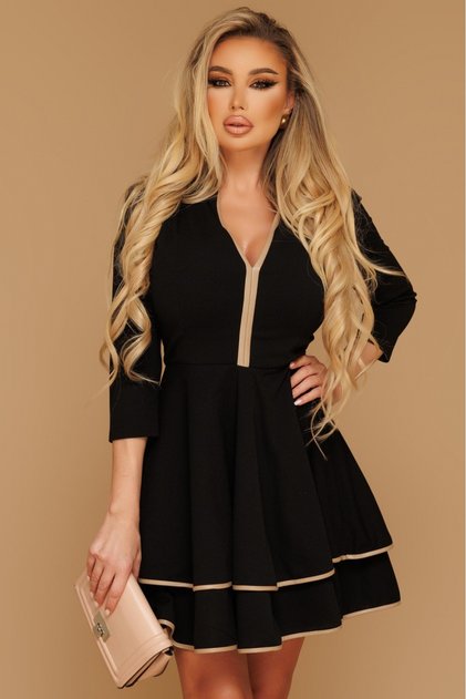 Rochie neagră tip baby-doll cu inserție de piele