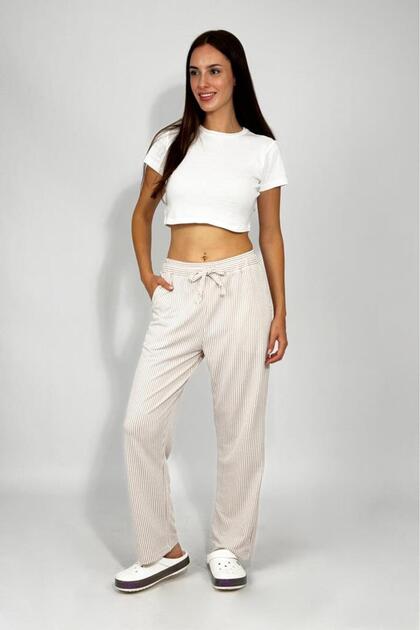 Women's Adjustable Waist Striped Pocket Trousers Beige