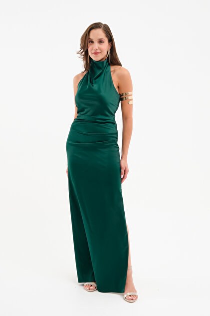 Lafaba Women's Emerald Green Backless Long Satin Evening Dress- Trendyol