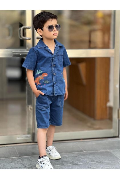 Boys' Denim Dinosaur Embroidered Detail Summer Two-Piece Set (SHORTS SHIRT)