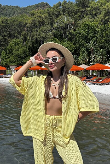 solena sln Kadın Plaj Elbisesi Ajurlu Gömlek Pantolon Takım