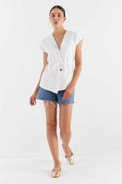 Linen Vest Blouse with Tie Front Ecru