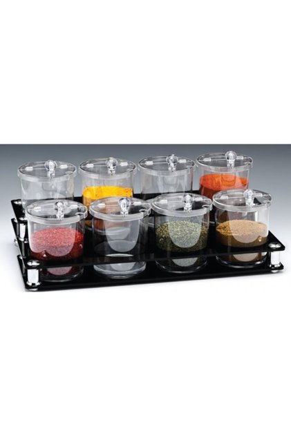 Set 8 borcane din policarbonat condimente pe suport acrilic 27x49x18cm