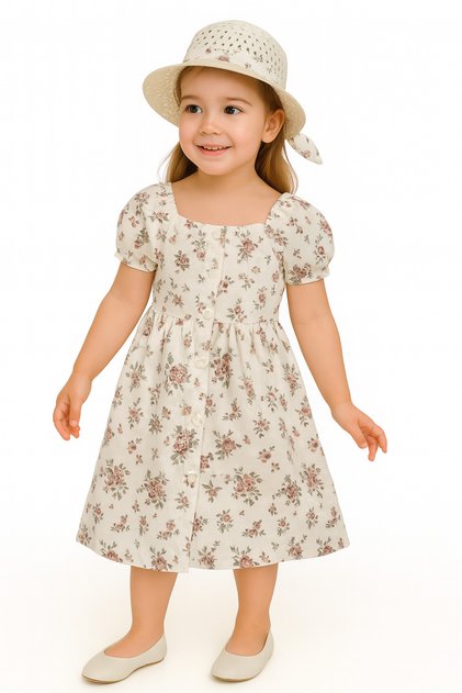 Muslin Fabric 100% Cotton Printed Hat Detailed Button Closure Girl's Dress