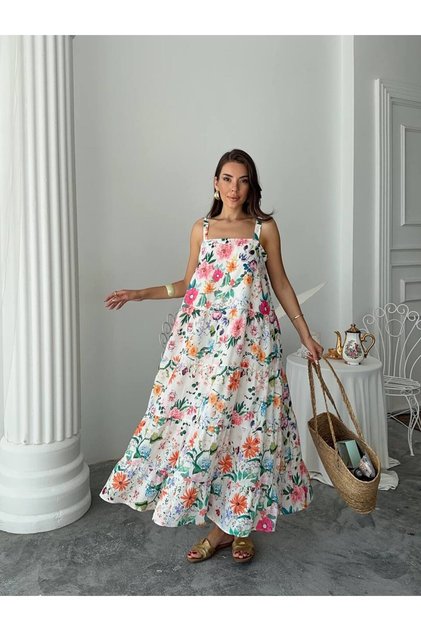 Floral Pattern Square Neck Long Dress