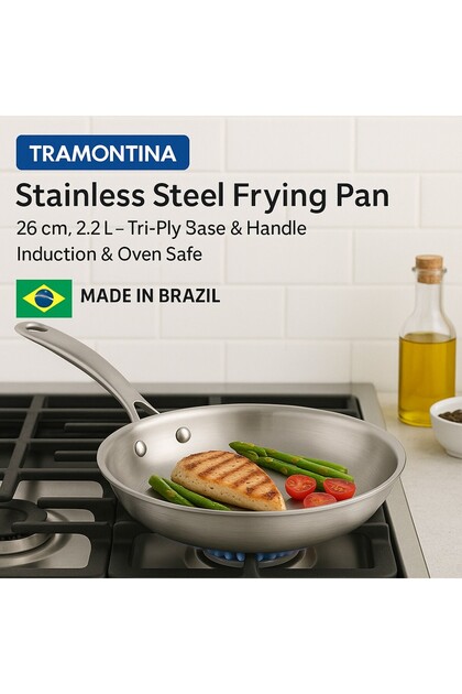 Professional Stainless Steel Frying Pan, 26 cm, Tri-Ply Base, Induction & Oven Safe