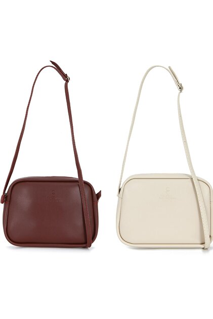 2-Piece Mini Strap Adjustable Set Crisscross Straps Women's Shoulder Bag (Burgundy-Cream)