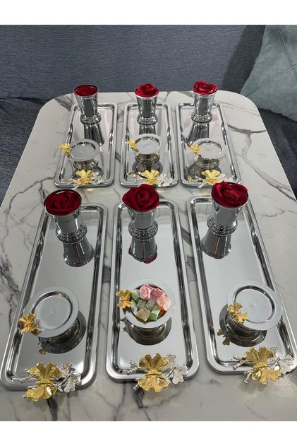 3 Different Models Silver 6-Piece Steel Baton Presentation Tray Silver Rose Bucket (With Roses) Butterfly Macaron Stand