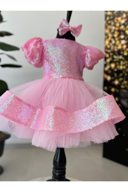 Pink Girl's Evening Dress – Sequined, Puffy, Balloon Sleeves, Stylish Design for Special Occasions