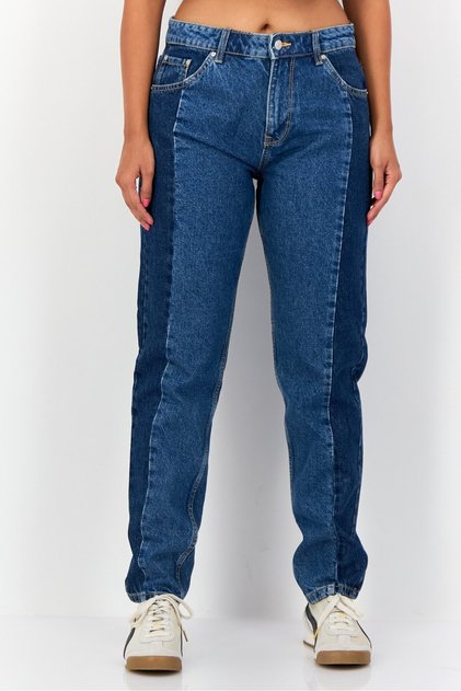 Women Mom Fit High Rise Two Tone Denim Jeans, Navy
