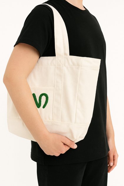 White Tote Bag with N Logo - Beach Bag, Thick Fabric, Orange Lining, Shoulder Strap