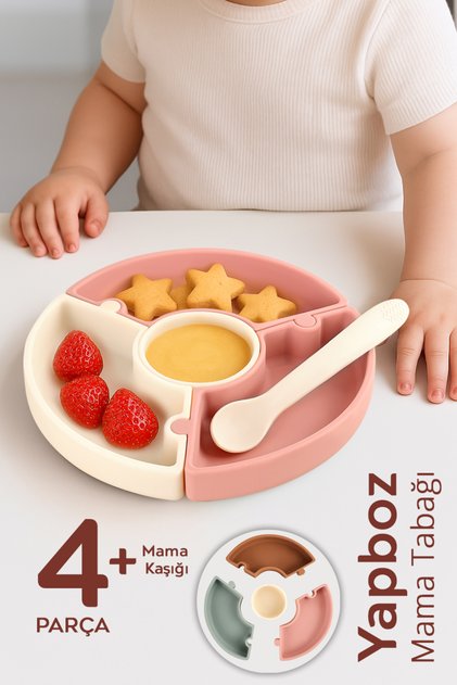 Puzzle Food Plate Spoon Set - Silicone Vacuum Bottom Puzzle Food Plate Silicone Spoon - Pink Beige
