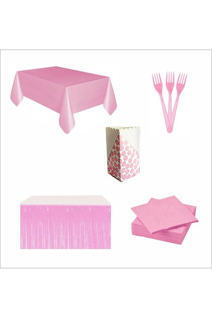 Pink Table Cloth, Pink Table Skirt, 10Pcs Napkins, 10Pcs Forks, 8Pcs Corn Boxes