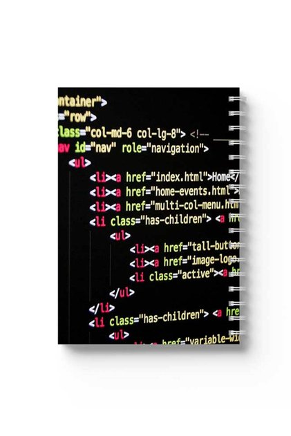 Spiral Notebook with Front and Back Hard Covers Featuring Coding Design