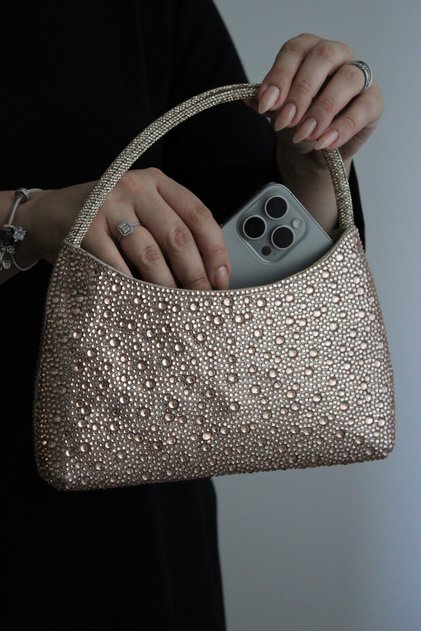 Women's Gold 3-Dimensional Stone Crystal Textured Shiny Shoulder & Chain Strap Evening Dress Bag