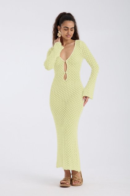 Örgü Detaylı V Yaka Uzun Elbise DNV-000136