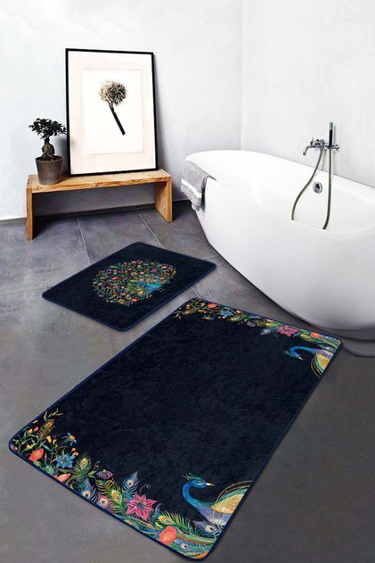 Colorful Peacock Patterned 2-Piece Non-Slip Base Washable Bath Mat Set on Black Background
