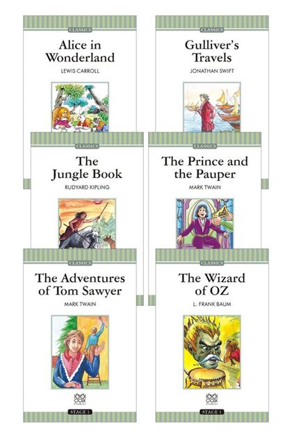 English Stage 1 Set - Alice in Wonderland , Gulliver's Travels , The Jungle Book , The Prince and Th
