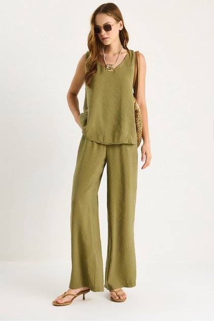 Women's Bitter Coffee V-Neck Strap Blouse Palazzo Pants Bottom-Top Set 3142 60283115