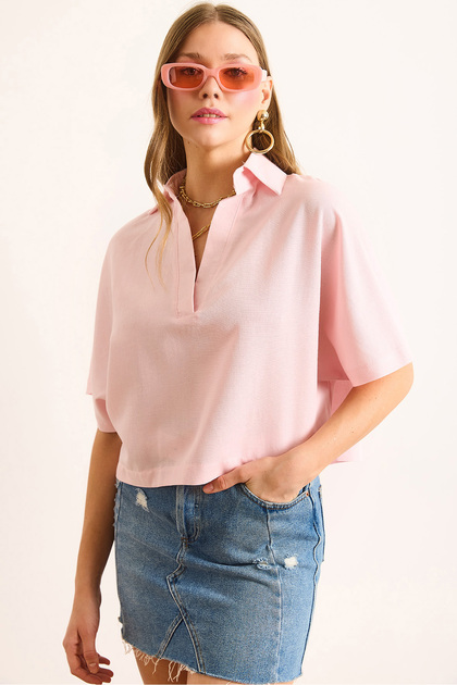 Women's Pink Polo Collar Casual Linen Blouse Blz-19003061