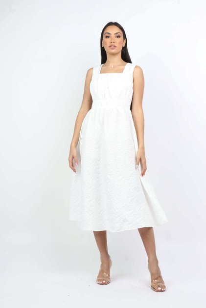 Square Neckline Midi Dress with Waist Detail -