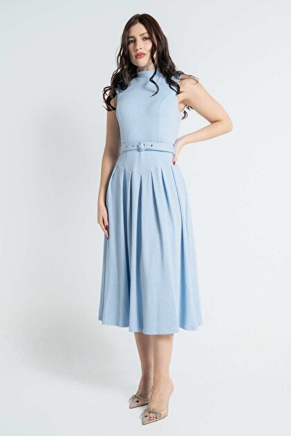 Women's Sleeveless Midi Dress with Waist Tie and Pleats