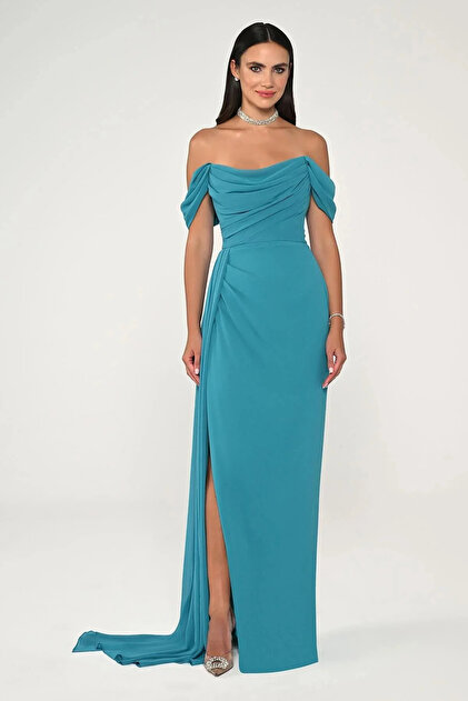ALFABETA Women's Off-Shoulder Slit Detail Turquoise Evening Dress & Homecoming  Dress Ab6772-Turquoise- Trendyol