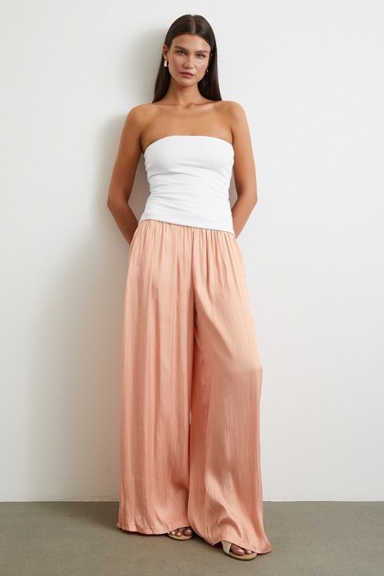 Wide Leg Gathered Trousers with Elastic Waist Powder