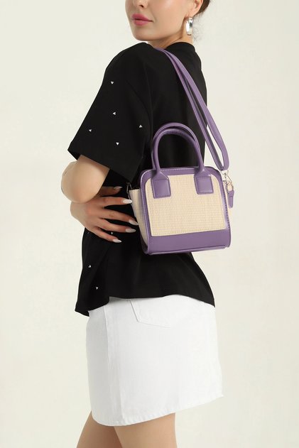 Straw Look Leather Detailed Lilac Women's Shoulder and Hand Bag – Summer & Stylish Mini Bag