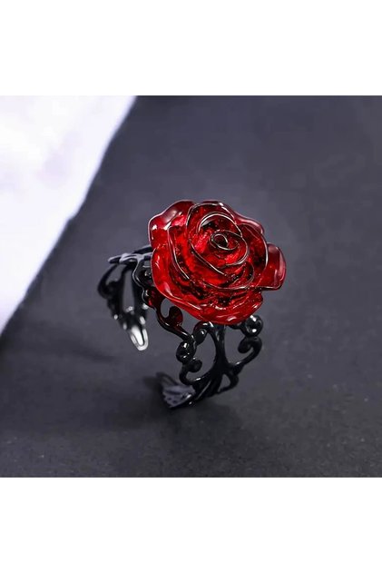 AJZ10038 Punk Gothic Red Rose Ring Ornate Black Vine Witch Pagan Vintage Creative Halloween Cool Gir
