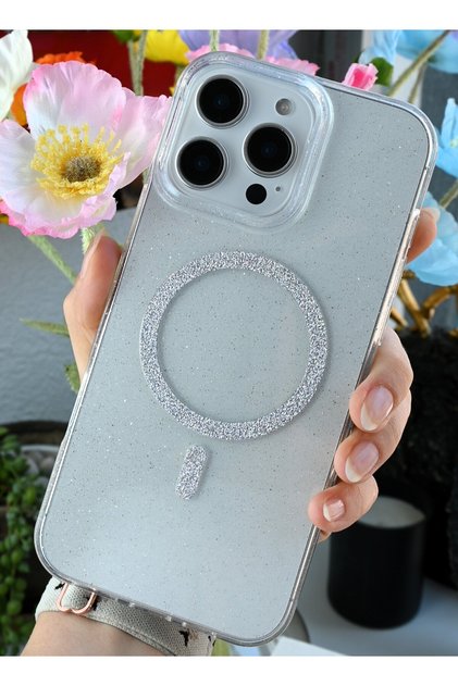 Iphone 16 Promax Uyumlu Glitter Magsafe Özellikli Işıltılı Simli Şeffaf Kılıf
