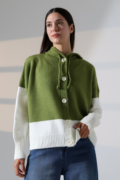 V-Neck Hooded Lace-Up Long Sleeve Two-Color Panel Button Soft Texture Design Stylish Knitwear Cardigan