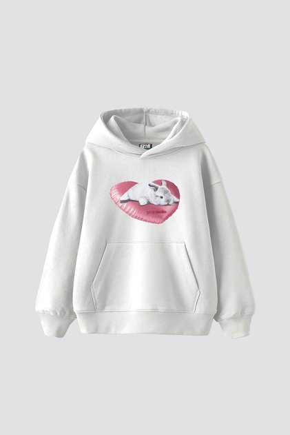 Bunny Printed Oversize Unisex White Hoodie