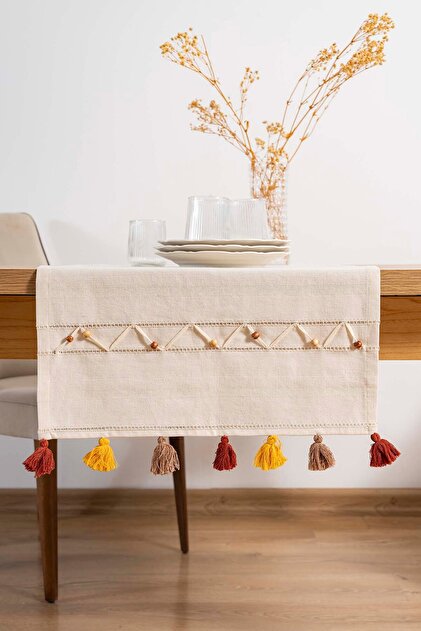 Ruffle Beaded & Tasseled 100% Cotton Raw Linen Runner 50X130 cm