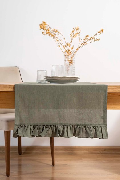 Ruffle Khaki Frilly 100% Cotton Raw Linen Runner 50X130 cm