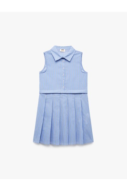 Cotton Sleeveless Button Detail Shirt Collar Striped Dress