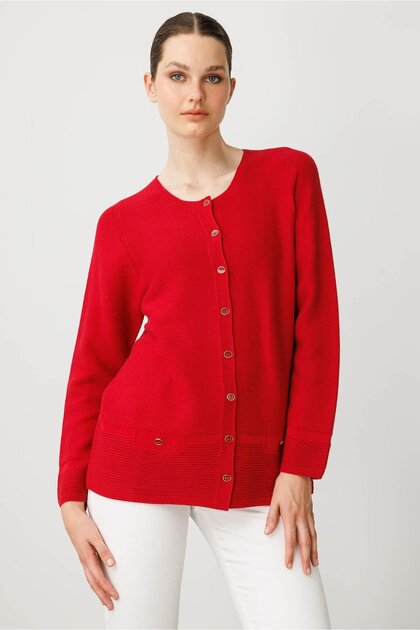 Women's Crew Neck Buttoned Cardigan K.Red