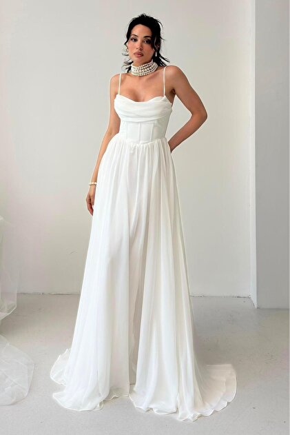 White Strap Slit Chiffon Tulle Evening Dress