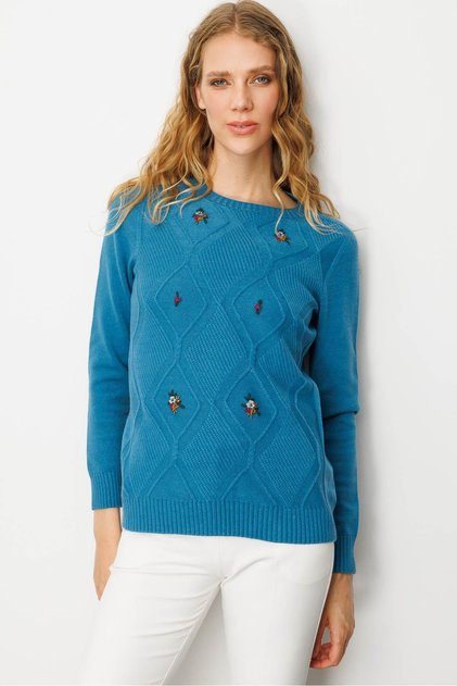Women's Crew Neck Front Diamond Embroidered Sweater A.Petrol