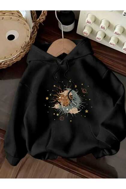 Güneş Ay Gezegen Baskılı Kapüşonlu Cepli Pamuklu Siyah Sweatshirt