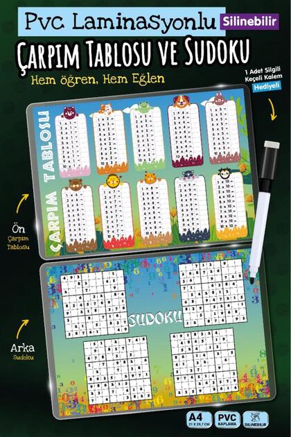 Kalemli A4 çarpım tablosu Sudoku A4 Yaz Sil Pvc Kaplı-Kalem Hediyeli-T1465