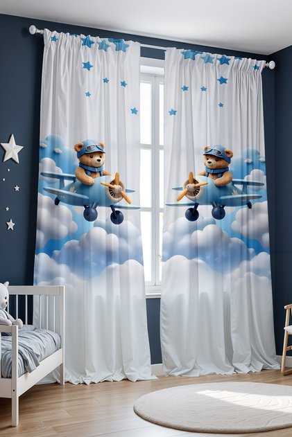 Blue Cloudy Pilot Teddy Bear Patterned Children's Baby Room Background Curtain (Single Wing Pricing)