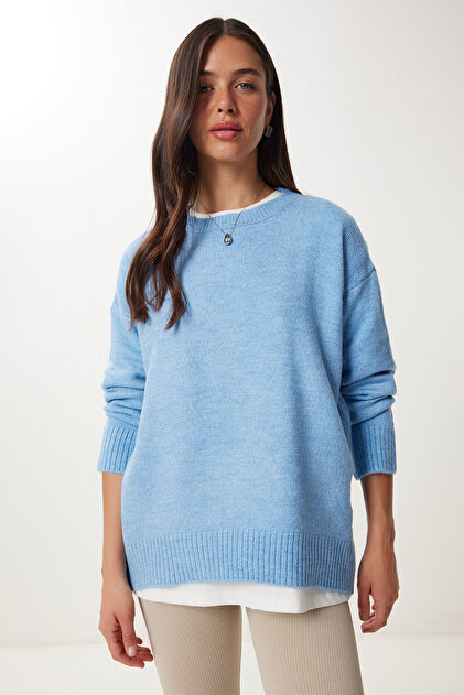 Happiness İstanbul Kadın İndigo Mavi Oversize Triko Kazak PN00054