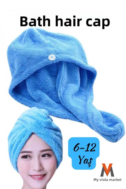 Blue Hair Towel, Microfiber Buttoned Hair Drying Cap, For Bathroom Sea And Pool After Beach